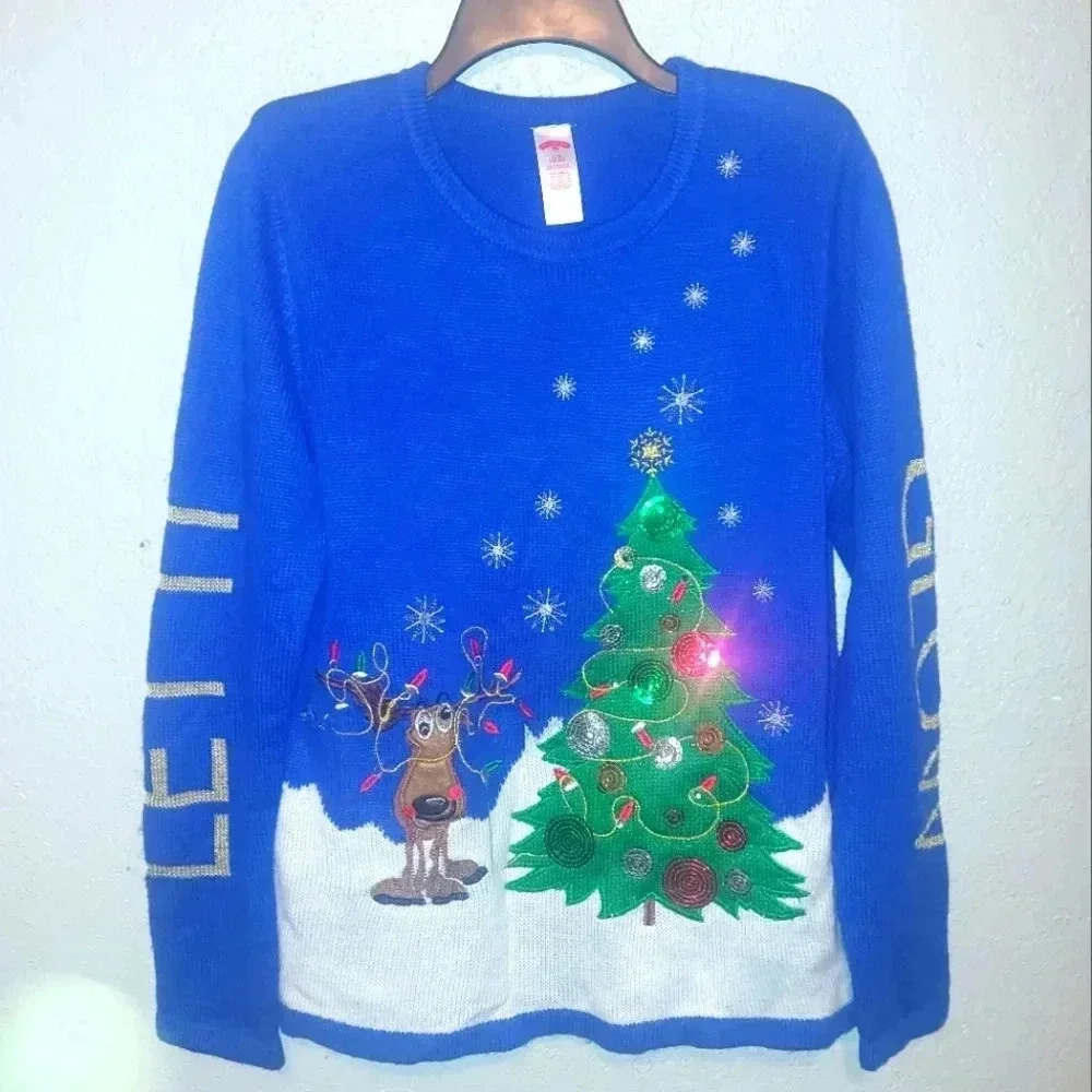 Ugly Christmas Sweater Womens Size L Let it Glow Crazy Eye Deer Blue